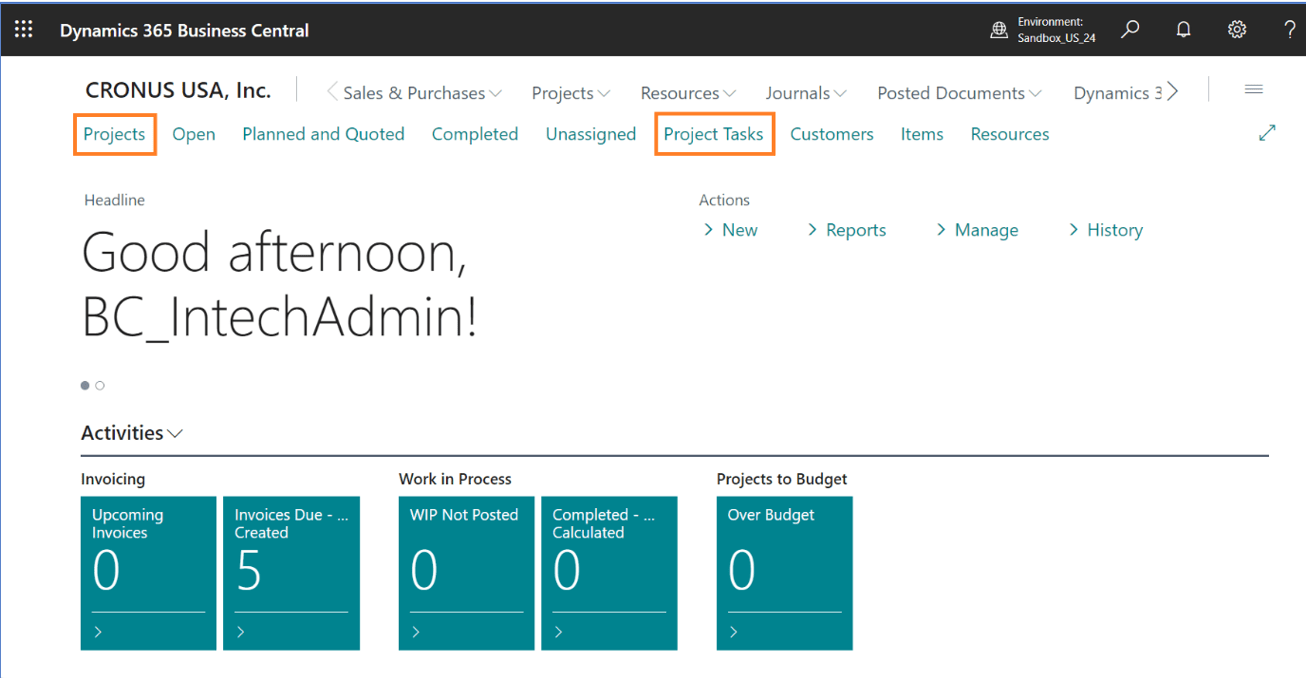 Dynamic 365 Business Central Project Tasks