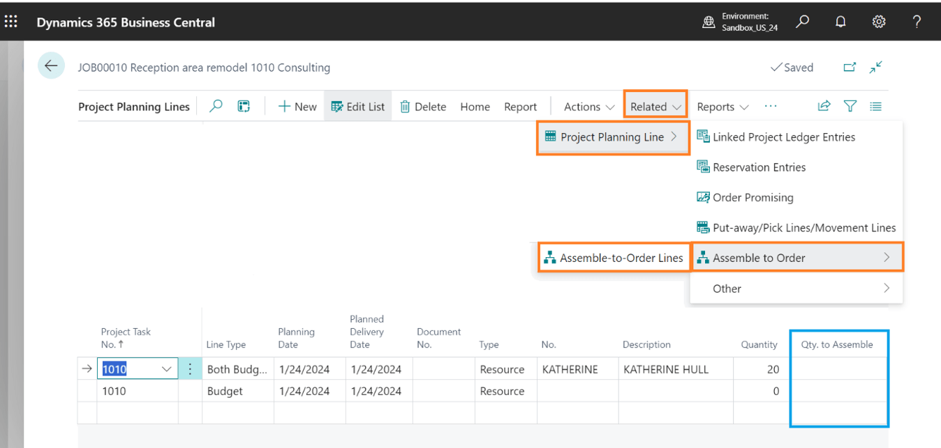 Dynamic 365 Business Central Assemble to Order Lines